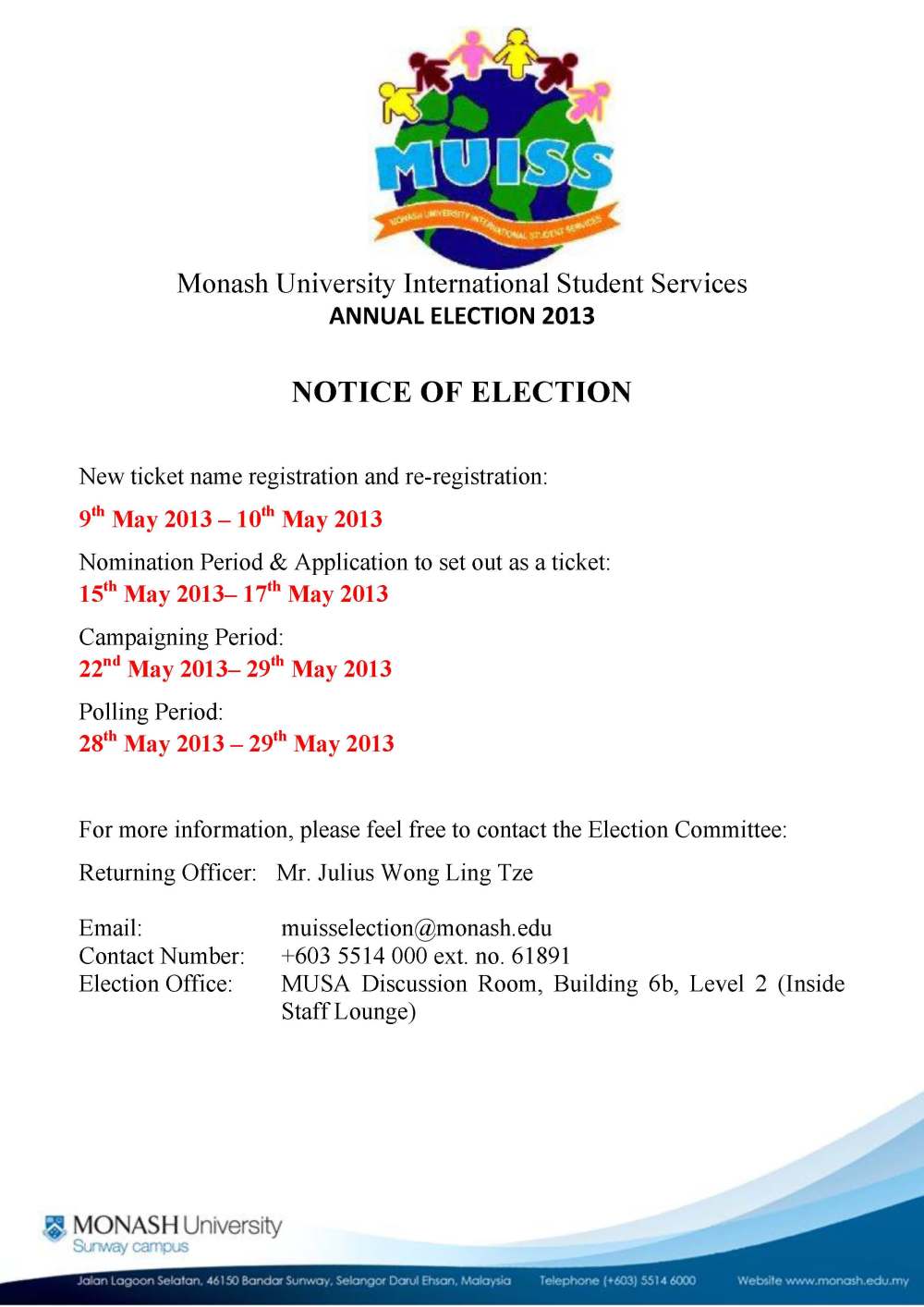 MUISS Election 2013- Notice of Election